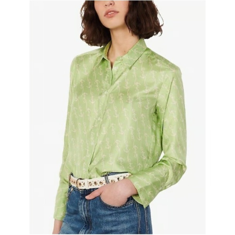 Sandro Paris Silk Button Down Shirt Light Green White Anchor Monogram Nautical M